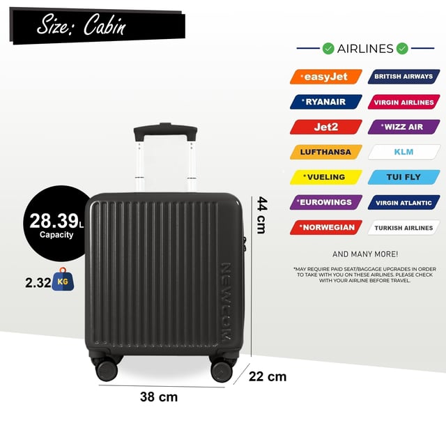 Travel light and smart with this compact cabin suitcase made from durable ABS and polycarbonate. It’s airline-approved, stylish, and built for convenience.

Features:

Strong ABS+PC Shell – Lightweight & impact-resistant
TSA Lock – Secure and airport-friendly
360° Spinner Wheels – Smooth, silent movement
Telescopic Handle – Comfortable grip
Organised Interior – Divider & elastic straps

Size: 44 x 38 x 22 cm
Weight: Approx. 2.32 kg
Capacity: 28L
Fits: EasyJet, Ryanair, WizzAir & most airlines