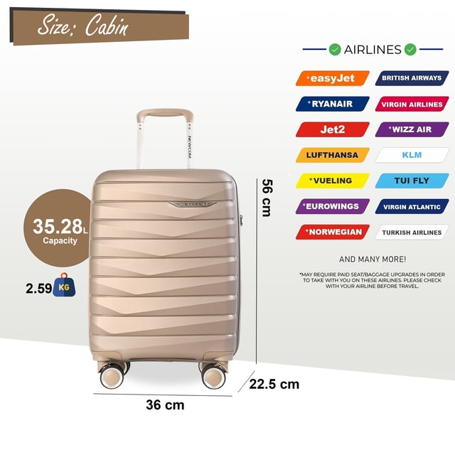 Travel in timeless style with our Hard Shell Classic Cabin Suitcase, designed for both practicality and elegance. Crafted with premium materials, this set is built to meet the needs of frequent travelers, combining robust features with a sleek finish.

Features:
Durable Polypropylene Construction: Lightweight and resilient, offering superior protection for your belongings.
Secure TSA-Approved Lock: Ensures your luggage is travel-compliant and your items are safe during transit.
4x Smooth Dual Wheels: Provides effortless 360° mobility for smooth navigation through airports and crowded areas.
Ergonomic Telescopic Handle: Designed for a comfortable and firm grip during use.
Thoughtful Interior Design: Includes tie-down straps, a zippedivider, and compartments to keep your items neatly organized.
Size and Specification:
Cabin:
Dimensions: 36 x 22.5 x 56 cm 
Weight: 2.60 kg
Capacity: 36L

This classic suitcase is perfect for any occasion, whether you're embarking on a business trip, a weekend getaway, or a vacation. With its sturdy build, smooth maneuverability, and secure locking system, you can travel with confidence and ease.

Elevate your travel experience with the perfect combination of style and functionality.