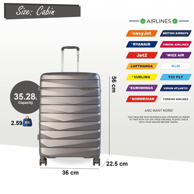 Travel in timeless style with our Hard Shell Classic Cabin Suitcase, designed for both practicality and elegance. Crafted with premium materials, this set is built to meet the needs of frequent travelers, combining robust features with a sleek finish.

Features:
Durable Polypropylene Construction: Lightweight and resilient, offering superior protection for your belongings.
Secure TSA-Approved Lock: Ensures your luggage is travel-compliant and your items are safe during transit.
4x Smooth Dual Wheels: Provides effortless 360° mobility for smooth navigation through airports and crowded areas.
Ergonomic Telescopic Handle: Designed for a comfortable and firm grip during use.
Thoughtful Interior Design: Includes tie-down straps, a zippedivider, and compartments to keep your items neatly organized.
Size and Specification:
Cabin:
Dimensions: 36 x 22.5 x 56 cm 
Weight: 2.60 kg
Capacity: 36L

This classic suitcase is perfect for any occasion, whether you're embarking on a business trip, a weekend getaway, or a vacation. With its sturdy build, smooth maneuverability, and secure locking system, you can travel with confidence and ease.

Elevate your travel experience with the perfect combination of style and functionality.