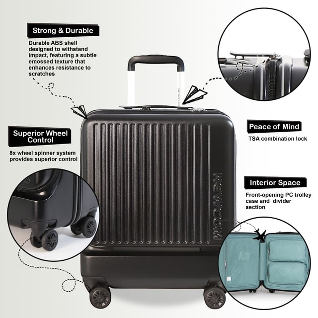 Verbeter uw reiservaring met de handbagagekoffer met vooropening, ontworpen voor ultiem gemak en moderne stijl. Deze koffer met harde schaal is gemaakt van duurzaam ABS+PC-materiaal en heeft een innovatief ontwerp met opening aan de voorkant, waardoor u snel en gemakkelijk toegang hebt tot uw essentiële spullen zonder het hoofdcompartiment volledig te hoeven openen. Verkrijgbaar in een chique palet van wit/klei, roze, groen en klassiek zwart, combineert hij robuuste bescherming met opvallende esthetiek. Glijd moeiteloos door luchthavens met zijn soepel rollende spinnerwielen en beveilig uw bezittingen met het geïntegreerde slot. Belangrijkste kenmerken: Ontwerp met opening aan de voorkant: Biedt gemakkelijke en snelle toegang tot uw spullen onderweg. Duurzame constructie: Gemaakt van veerkrachtig ABS+PC-materiaal om aan de eisen van reizen te voldoen. Moeiteloze mobiliteit: Uitgerust met multidirectionele spinnerwielen voor soepele navigatie. Veilig reizen: Voorzien van een geïntegreerd slot voor gemoedsrust. Afmetingen en specificaties: Cabine: Afmetingen: 39 x 26 x 51,5 cm Gewicht: 3,25 kg Inhoud: 35 l