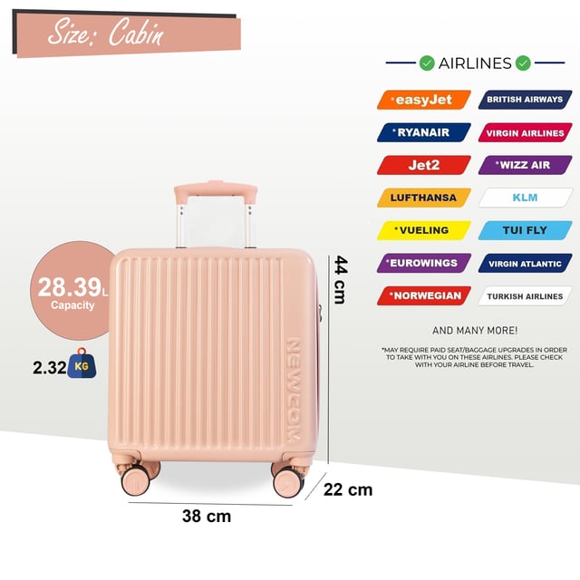 Travel light and smart with this compact cabin suitcase made from durable ABS and polycarbonate. It’s airline-approved, stylish, and built for convenience.

Features:

Strong ABS+PC Shell – Lightweight & impact-resistant
TSA Lock – Secure and airport-friendly
360° Spinner Wheels – Smooth, silent movement
Telescopic Handle – Comfortable grip
Organised Interior – Divider & elastic straps

Size: 44 x 38 x 22 cm
Weight: Approx. 2.32 kg
Capacity: 28L
Fits: EasyJet, Ryanair, WizzAir & most airlines