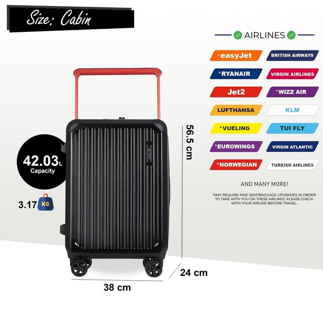 Upgrade your journey with this striking Hard Case Cabin Luggage, combining a sleek, ridged silver exterior with a vibrant red telescopic handle for both style and robust durability, ensuring you're always ready for your next short trip or quick getaway.

Key Features:

Durable Hard Case: Built to withstand the rigors of travel, offering superior protection for your belongings.
Effortless Mobility: Equipped with 360° spinner wheels for smooth, multi-directional gliding through airports and beyond.
Ergonomic Red Handle: A sturdy, adjustable telescopic handle provides a comfortable grip and adds a pop of color.
Integrated Cup Holder: Conveniently designed with a built-in cup holder for easy access to your beverage on the go.
Side Bag Hook: Features an integrated hook for securely carrying shopping bags or other personal items.
Stylish Design: Features a distinctive silver ribbed finish for a modern and sophisticated look.
Travel with confidence and style — this cabin luggage is your reliable companion for any destination.

Size and Specification:
Cabin:
Dimensions: 38 x 24 x 56.5 CM
Weight: 3.17 kg
Capacity: 42.03 L