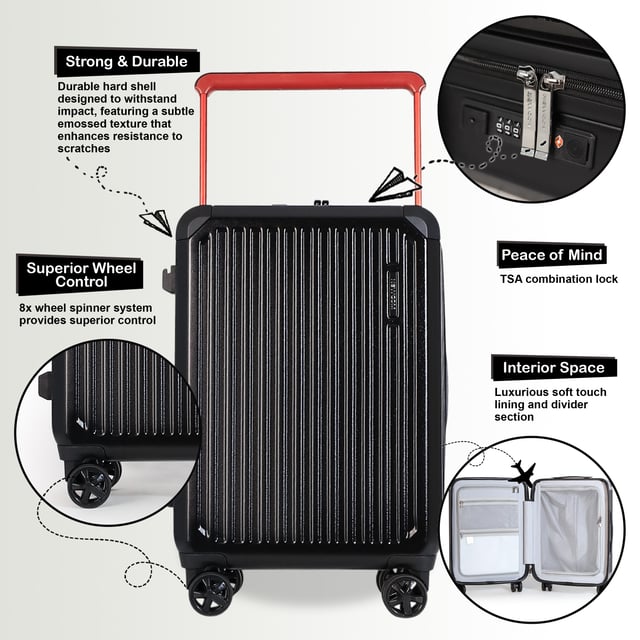 Upgrade your journey with this striking Hard Case Cabin Luggage, combining a sleek, ridged silver exterior with a vibrant red telescopic handle for both style and robust durability, ensuring you're always ready for your next short trip or quick getaway.

Key Features:

Durable Hard Case: Built to withstand the rigors of travel, offering superior protection for your belongings.
Effortless Mobility: Equipped with 360° spinner wheels for smooth, multi-directional gliding through airports and beyond.
Ergonomic Red Handle: A sturdy, adjustable telescopic handle provides a comfortable grip and adds a pop of color.
Integrated Cup Holder: Conveniently designed with a built-in cup holder for easy access to your beverage on the go.
Side Bag Hook: Features an integrated hook for securely carrying shopping bags or other personal items.
Stylish Design: Features a distinctive silver ribbed finish for a modern and sophisticated look.
Travel with confidence and style — this cabin luggage is your reliable companion for any destination.

Size and Specification:
Cabin:
Dimensions: 38 x 24 x 56.5 CM
Weight: 3.17 kg
Capacity: 42.03 L