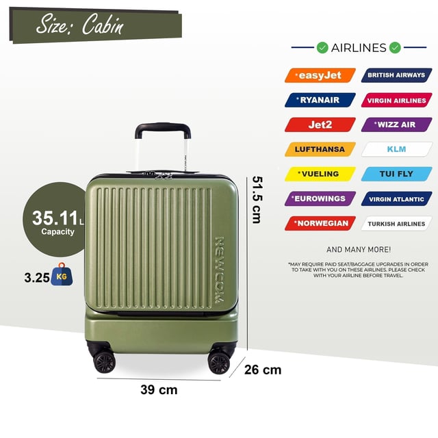 Elevate your travel experience with the Front Opening Cabin Luggage, designed for ultimate convenience and modern style. Crafted from durable ABS+PC material, this hard-shell suitcase features an innovative front-opening design, allowing quick and easy access to your essentials without fully unzipping the main compartment. Available in a chic palette of white/clay, pink, green, and classic black, it combines robust protection with eye-catching aesthetics. Glide effortlessly through airports with its smooth-rolling spinner wheels and secure your belongings with the integrated lock.

Key Features:

Front Opening Design: Provides convenient, quick access to your items on the go.
Durable Construction: Made from resilient ABS+PC material to withstand travel demands.
Effortless Mobility: Equipped with multi-directional spinner wheels for smooth navigation.
Secure Travel: Features an integrated lock for peace of mind.


Size and Specification:
Cabin:
Dimensions: 39 x 26 x 51.5 cm
Weight: 3.25 kg
Capacity: 35L