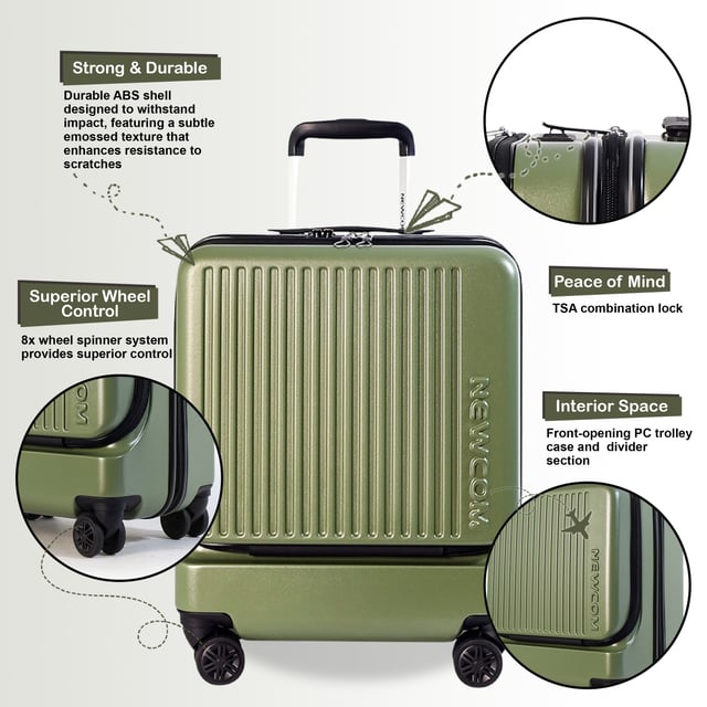 Elevate your travel experience with the Front Opening Cabin Luggage, designed for ultimate convenience and modern style. Crafted from durable ABS+PC material, this hard-shell suitcase features an innovative front-opening design, allowing quick and easy access to your essentials without fully unzipping the main compartment. Available in a chic palette of white/clay, pink, green, and classic black, it combines robust protection with eye-catching aesthetics. Glide effortlessly through airports with its smooth-rolling spinner wheels and secure your belongings with the integrated lock.

Key Features:

Front Opening Design: Provides convenient, quick access to your items on the go.
Durable Construction: Made from resilient ABS+PC material to withstand travel demands.
Effortless Mobility: Equipped with multi-directional spinner wheels for smooth navigation.
Secure Travel: Features an integrated lock for peace of mind.


Size and Specification:
Cabin:
Dimensions: 39 x 26 x 51.5 cm
Weight: 3.25 kg
Capacity: 35L