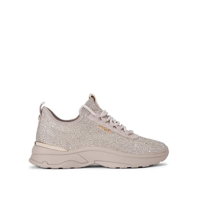 This Carvela Swift Jewel Runner trainer features a taupe fabric upper with gold crystal embellishment. The front laces up with gold tone branding on the eye stay.