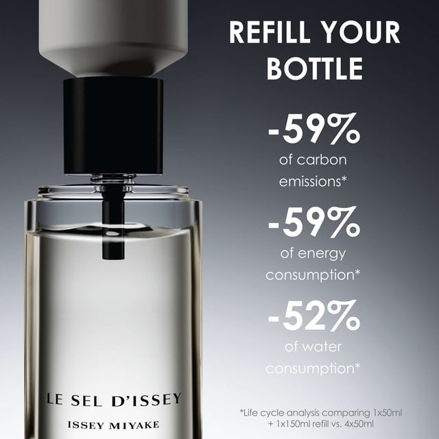 Discover the invigorating scent of Le Sel d'Issey Eau de Toilette, a unique vegan fragrance for men by Issey Miyake. This dynamic perfume captures the essence of salt, blending fresh woody and marine notes for a refreshing experience. Crafted with 95% natural origin ingredients, it features top notes of salt accord and ginger, heart notes of marine seaweed, and base notes of cedarwood. The beautifully designed bottle, made from 20% recycled glass, is available in refillable 50ml and 100ml sizes, with an eco-friendly 150ml refill option.