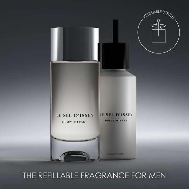 Discover the invigorating scent of Le Sel d'Issey Eau de Toilette, a unique vegan fragrance for men by Issey Miyake. This dynamic perfume captures the essence of salt, blending fresh woody and marine notes for a refreshing experience. Crafted with 95% natural origin ingredients, it features top notes of salt accord and ginger, heart notes of marine seaweed, and base notes of cedarwood. The beautifully designed bottle, made from 20% recycled glass, is available in refillable 50ml and 100ml sizes, with an eco-friendly 150ml refill option.