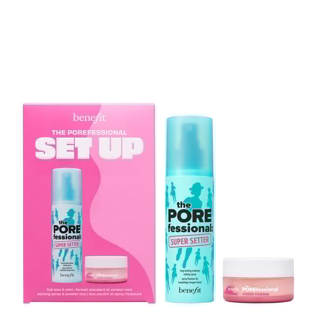 Achieve a flawless makeup look all day with The POREfessional Setting Spray & Powder Duo Gift Set. This essential set includes a full-size POREfessional: Super Setter that blurs pores with a lightweight mist and a mini POREfessional Power Powder to control oil and shine. With 16 hours of staying power, your makeup stays fresh from morning to evening. The set also features a sample of The POREfessional Get Unblocked Cleansing Oil for makeup removal. Perfect for touch-ups, apply Power Powder to oily areas and finish with Super Setter for a polished look.