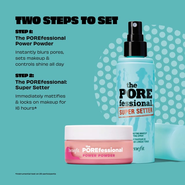Achieve a flawless makeup look all day with The POREfessional Setting Spray & Powder Duo Gift Set. This essential set includes a full-size POREfessional: Super Setter that blurs pores with a lightweight mist and a mini POREfessional Power Powder to control oil and shine. With 16 hours of staying power, your makeup stays fresh from morning to evening. The set also features a sample of The POREfessional Get Unblocked Cleansing Oil for makeup removal. Perfect for touch-ups, apply Power Powder to oily areas and finish with Super Setter for a polished look.