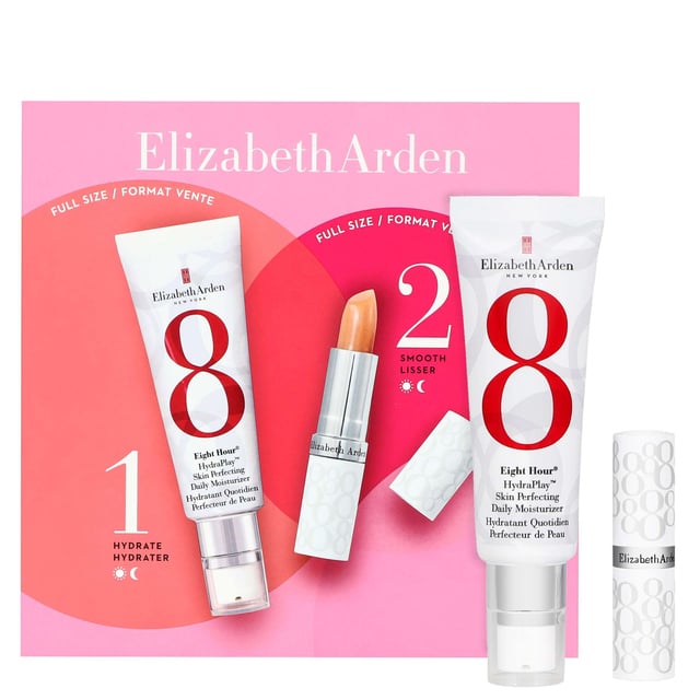 Discover the essential Elizabeth Arden Eight Hour HydraPlay Starter Set for a luminous complexion. This set includes the iconic Eight Hour HydraPlay Skin Perfecting Daily Moisturizer (45ml) and Lip Protectant Stick SPF15. The moisturizer enhances skin texture, minimizes pores, and balances oils with Squalane, glycerin, and hyaluronic acid. The SPF15 lip stick hydrates and protects against sun damage. Apply the moisturizer morning and evening and use the lip protectant as needed for beautiful, nourished skin.