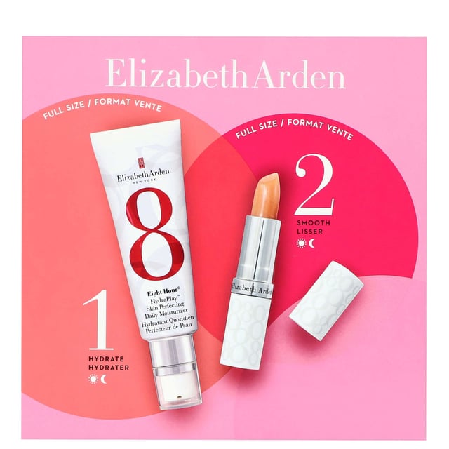 Discover the essential Elizabeth Arden Eight Hour HydraPlay Starter Set for a luminous complexion. This set includes the iconic Eight Hour HydraPlay Skin Perfecting Daily Moisturizer (45ml) and Lip Protectant Stick SPF15. The moisturizer enhances skin texture, minimizes pores, and balances oils with Squalane, glycerin, and hyaluronic acid. The SPF15 lip stick hydrates and protects against sun damage. Apply the moisturizer morning and evening and use the lip protectant as needed for beautiful, nourished skin.