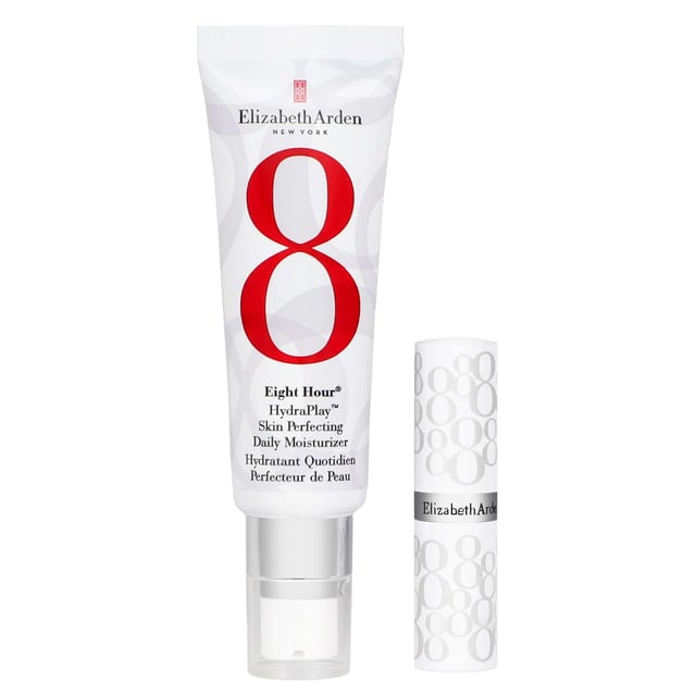Discover the essential Elizabeth Arden Eight Hour HydraPlay Starter Set for a luminous complexion. This set includes the iconic Eight Hour HydraPlay Skin Perfecting Daily Moisturizer (45ml) and Lip Protectant Stick SPF15. The moisturizer enhances skin texture, minimizes pores, and balances oils with Squalane, glycerin, and hyaluronic acid. The SPF15 lip stick hydrates and protects against sun damage. Apply the moisturizer morning and evening and use the lip protectant as needed for beautiful, nourished skin.