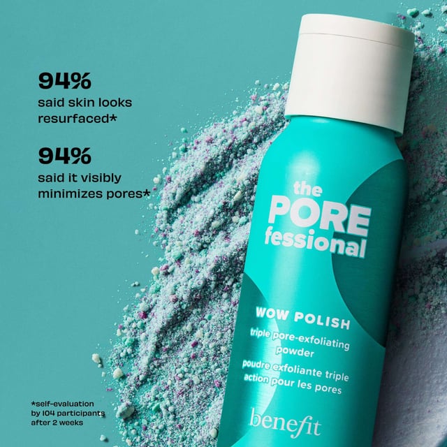 Transform your skincare routine with The POREfessional Wow Polish, a revolutionary exfoliating powder that refines pores and leaves your skin glowing. This water-activated formula combines unique powders to gently exfoliate without harshness. Dermatologist-tested and suitable for all skin types, this non-comedogenic powder offers visible results: 91% of users felt softer skin after one use, while 94% noticed reduced pores in two weeks. Mix with water, massage onto your face, and enjoy a refreshed complexion 1-2 times a week.