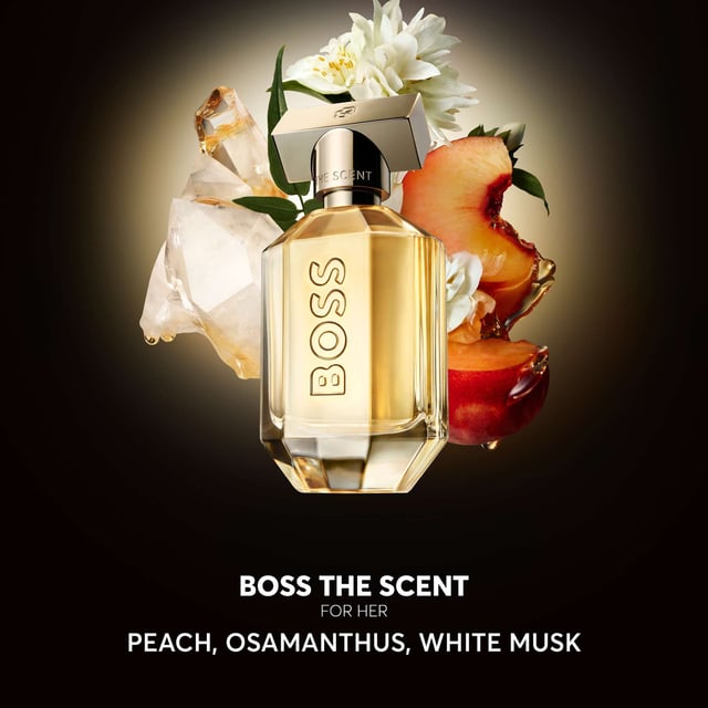 Experience the allure of HUGO BOSS BOSS The Scent For Her Eau de Parfum. This fragrance embodies the chemistry of a powerful couple, merging bold contrasts in an enchanting ambery-floral scent. It opens with vibrant Peach extract and a luxurious Osmanthus heart. The sensuality deepens with White Musk notes, creating an irresistible trail. Housed in a stunning refillable bottle adorned with the BOSS logo, this fragrance represents modern femininity and empowerment. Refilling is easy with the 150ml refill bottle, sold separately.