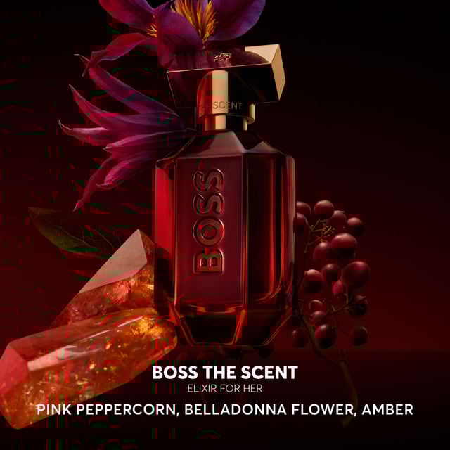 Ignite your senses with HUGO BOSS The Scent Elixir For Her, an exquisite Parfum Intense that embodies the magnetic chemistry of a dynamic duo. This luxurious fragrance elevates the original BOSS The Scent with its rich ambery-woody-floral composition. Experience the fresh burst of Pink Peppercorn mingling with the enchanting allure of Belladonna flower. The fragrance culminates in a sensual base of Amber, leaving a captivating trail. Housed in a striking deep-red glass bottle adorned with the BOSS logo and a warm-gold cap, this flacon reflects the complexity and allure of this seductive scent.