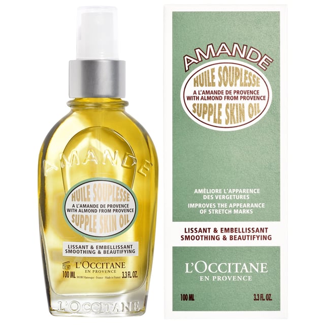 Experience the luxurious L'OCCITANE Almond Supple Skin Oil, crafted with over 50% pure almond oil from Provence. This exceptional oil contains 97% naturally derived ingredients, providing a lightweight texture that combats dryness, enhances skin elasticity, and minimizes stretch marks. Enriched with omega-rich almond and camelina oils, it nourishes and revitalizes your skin, while silicium extract firms and tightens. Enjoy soft, supple skin with a smooth satin finish. For best results, massage into your body morning and evening, focusing on areas prone to stretch marks.