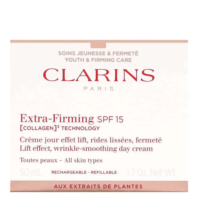Discover the power of Clarins Extra-Firming Day Cream SPF15, designed for all skin types. This innovative cream features exclusive COLLAGEN³ TECHNOLOGY, including Collagen polypeptide, Pecan Tree extract, and Organic Mitracarpus extract to enhance your skin's natural support. Enriched with Niacinamide, it revitalizes your complexion for an even skin tone and radiant glow. With SPF15, it provides essential protection against harmful UV rays. Enjoy visibly firmer skin and a lifted appearance. Apply each morning to a clean face, avoiding the eye area.
