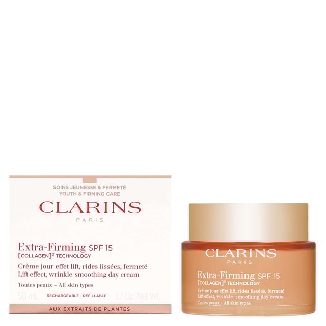 Discover the power of Clarins Extra-Firming Day Cream SPF15, designed for all skin types. This innovative cream features exclusive COLLAGEN³ TECHNOLOGY, including Collagen polypeptide, Pecan Tree extract, and Organic Mitracarpus extract to enhance your skin's natural support. Enriched with Niacinamide, it revitalizes your complexion for an even skin tone and radiant glow. With SPF15, it provides essential protection against harmful UV rays. Enjoy visibly firmer skin and a lifted appearance. Apply each morning to a clean face, avoiding the eye area.
