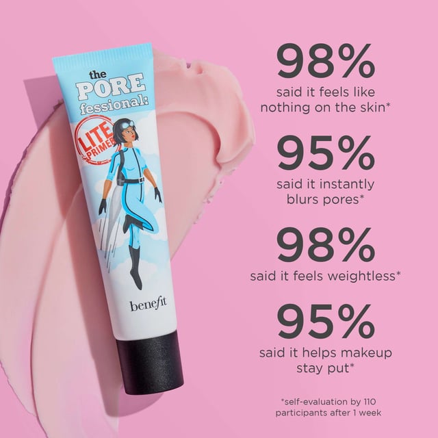 Discover the ultimate solution for a flawless complexion with Benefit The POREfessional Lite Primer. This ultra-lightweight face primer minimizes the appearance of pores, providing a smooth canvas for makeup. Enjoy a refreshing, cooling sensation that lasts for 12 hours, thanks to its unique blend of pore-blurring powders and a 73% water-based formula. Perfect for everyday use, this non-comedogenic primer feels weightless on the skin, allowing for a natural finish. Ideal for 'no-makeup' days, simply apply with your fingertips for a seamless look. Elevate your beauty routine today!