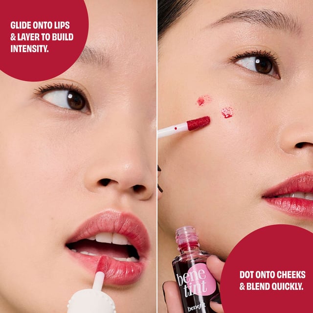 Experience the ultimate rosy glow with Benefit Benetint, the original lip and cheek stain that delivers a sexy flush in seconds. Created for an exotic dancer in the 1970s, this cult-favorite product offers a sheer, buildable color that lasts for hours without smudging or drying out. The convenient doe foot applicator makes it easy to apply on lips and cheeks for a stunning look. Perfect for all-day wear, layer with your favorite gloss for a more intense pout. Join the countless celebrities and makeup artists who adore this timeless beauty staple!
