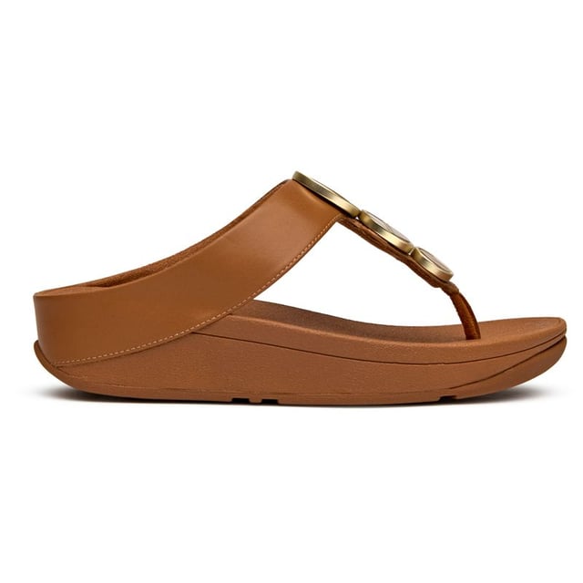 Womens tan Fitflop halo metallic sandals, manufactured with synthetic and a rubber sole. Featuring: micro wobbleboard sole, fitflop branding, comfort straps, heel height 4cm and halo front trim.