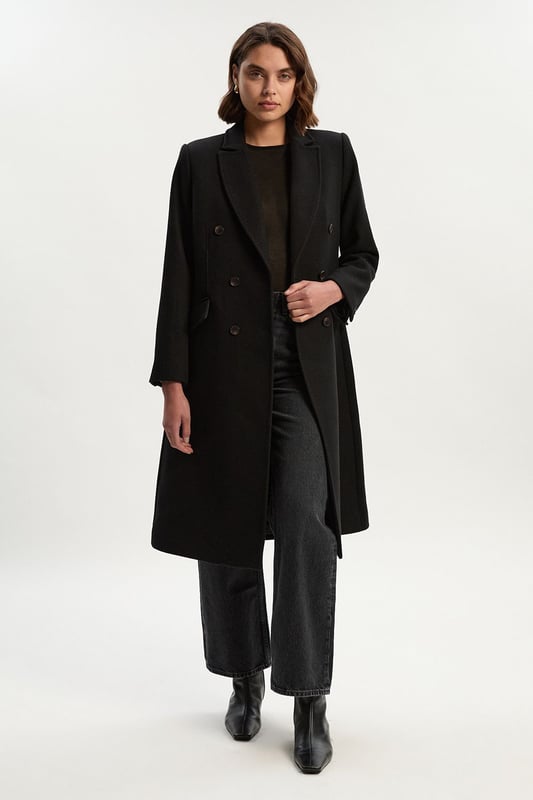Wool Fitted Double Breasted Tailored Midi Coat