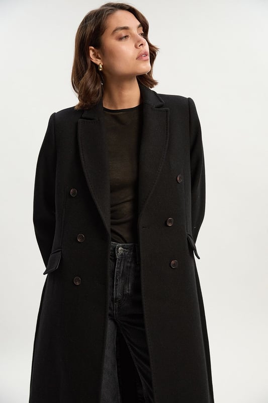 Wool Fitted Double Breasted Tailored Midi Coat
