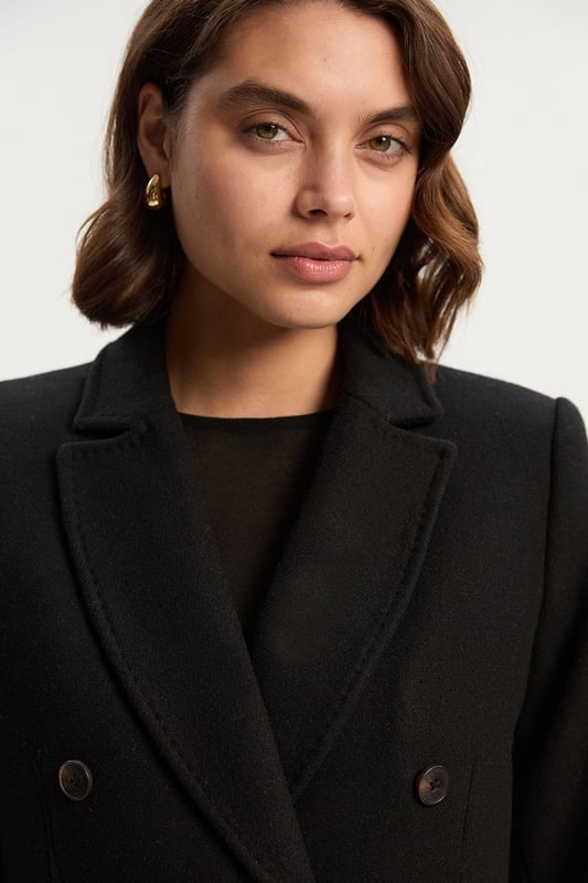 Wool Fitted Double Breasted Tailored Midi Coat