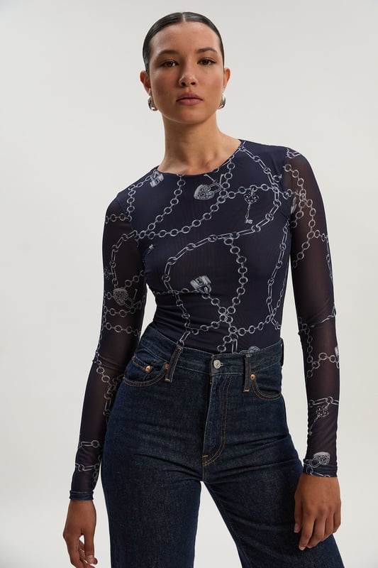 Petite Long Sleeved Chain Print Mesh Bodysuit