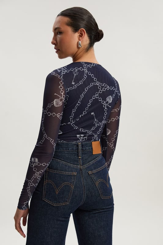 Petite Long Sleeved Chain Print Mesh Bodysuit
