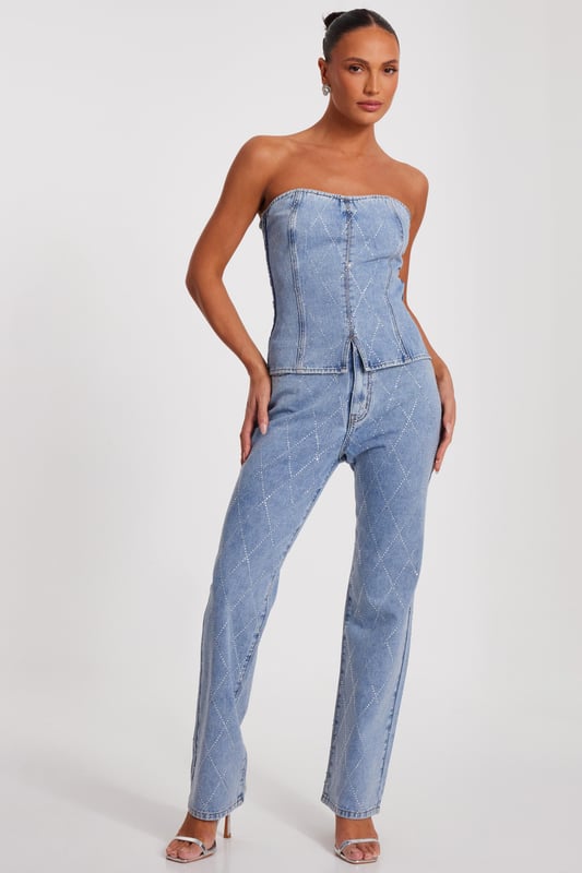 - Denim finish - Cross diamante detail - Corset style - Model height: 5'6" - Model wears uk 8 / us 4 / eur 36 - Always check the wash care label - Cool hand wash with mild detergent