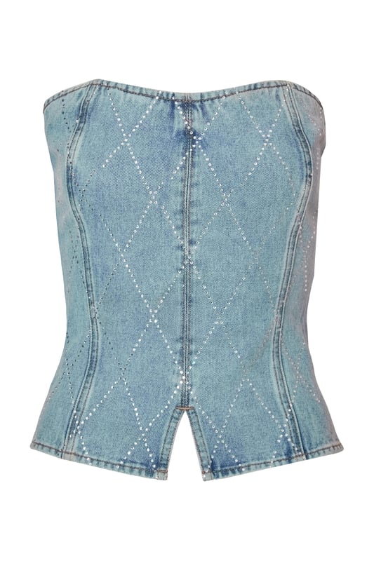 - Denim finish - Cross diamante detail - Corset style - Model height: 5'6" - Model wears uk 8 / us 4 / eur 36 - Always check the wash care label - Cool hand wash with mild detergent