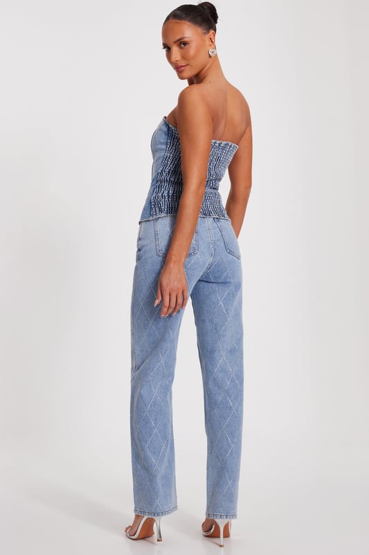 - Denim finish - Cross diamante detail - Corset style - Model height: 5'6" - Model wears uk 8 / us 4 / eur 36 - Always check the wash care label - Cool hand wash with mild detergent
