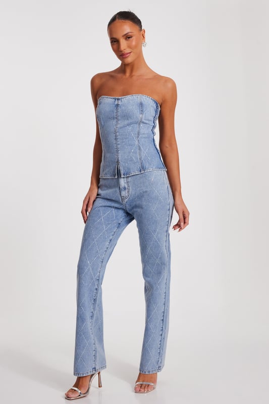 - Denim finish - Cross diamante detail - Corset style - Model height: 5'6" - Model wears uk 8 / us 4 / eur 36 - Always check the wash care label - Cool hand wash with mild detergent