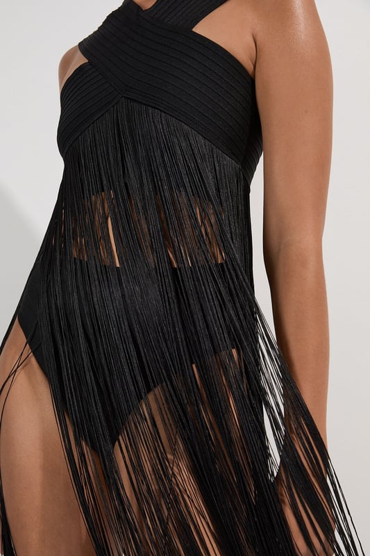 Bandage V Neck Cut Out Fringed Bikini Top