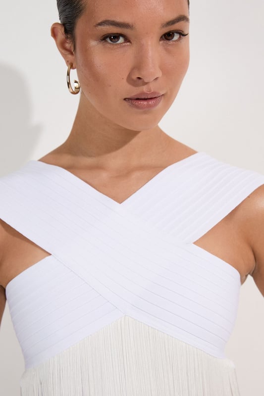 Bandage V Neck Cut Out Fringed Bikini Top