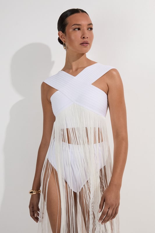 Bandage V Neck Cut Out Fringed Bikini Top