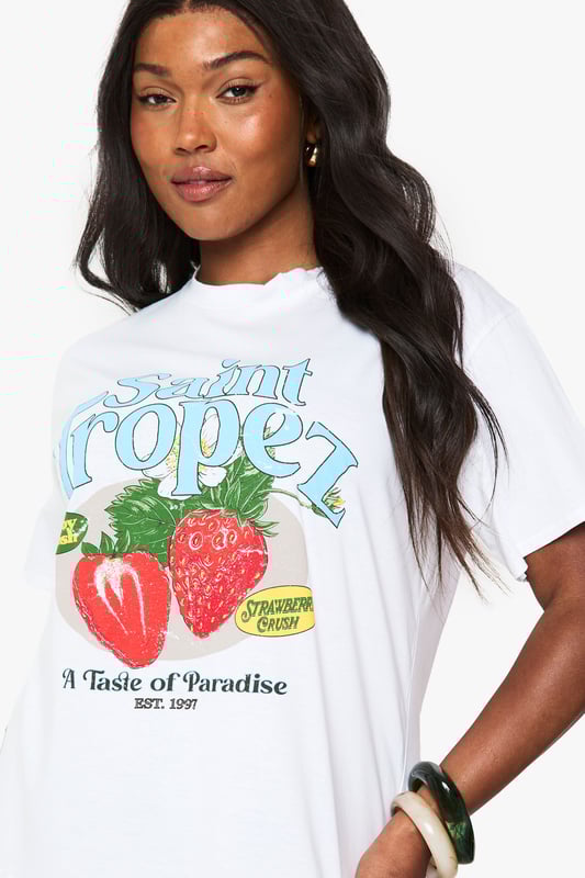 Oversized T-shirt dress featuring a vibrant Saint Tropez strawberry graphic print
        Relaxed crew neckline and short sleeves for effortless comfort
        Cotton fabric offers breathable wear perfect for warmer days
        Versatile mini length ideal for casual styling
        Plus size design with a roomy, comfortable fit
    
    This playful Saint Tropez graphic T-shirt dress from Boohoo brings carefree holiday vibes to your everyday wardrobe. The oversized silhouette creates a relaxed look that's both comfortable and on-trend. Style it as seen with ankle boots and a woven tote for farmers' markets and weekend brunches, or pair with trainers and a denim jacket for casual coffee dates. For festival season, add chunky jewellery and wellies for an effortlessly cool ensemble. The versatile design works brilliantly with leggings underneath during transitional weather, while the cotton composition ensures all-day comfort. This T-shirt dress embodies the laid-back aesthetic that's perfect for casual gatherings and daytime outings when you want to combine comfort with personality.