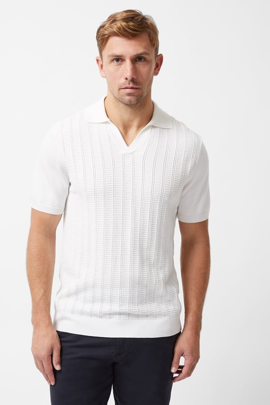 This trophy knit polo shirt from French Connection is a wardrobe staple. Features all-over knit design, open collar, short sleeves, ribbed elasticated hems. Made from cotton blend fabric to ensure comfort and high quality.