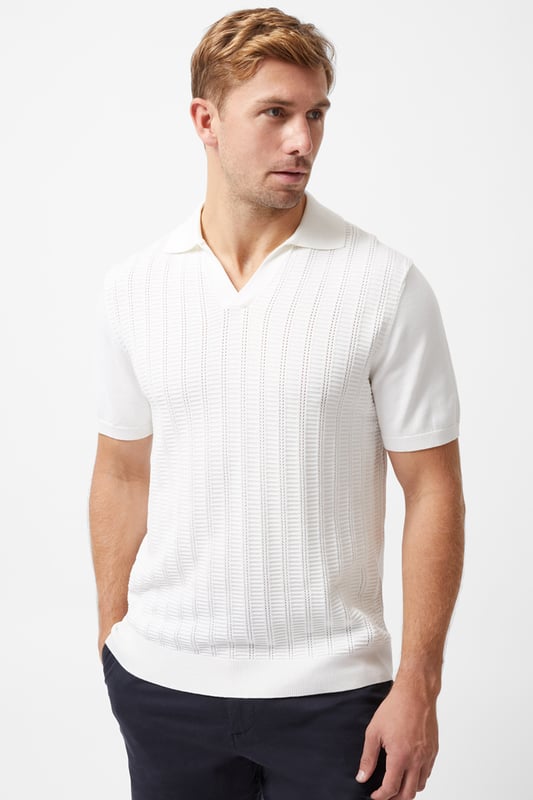 This trophy knit polo shirt from French Connection is a wardrobe staple. Features all-over knit design, open collar, short sleeves, ribbed elasticated hems. Made from cotton blend fabric to ensure comfort and high quality.