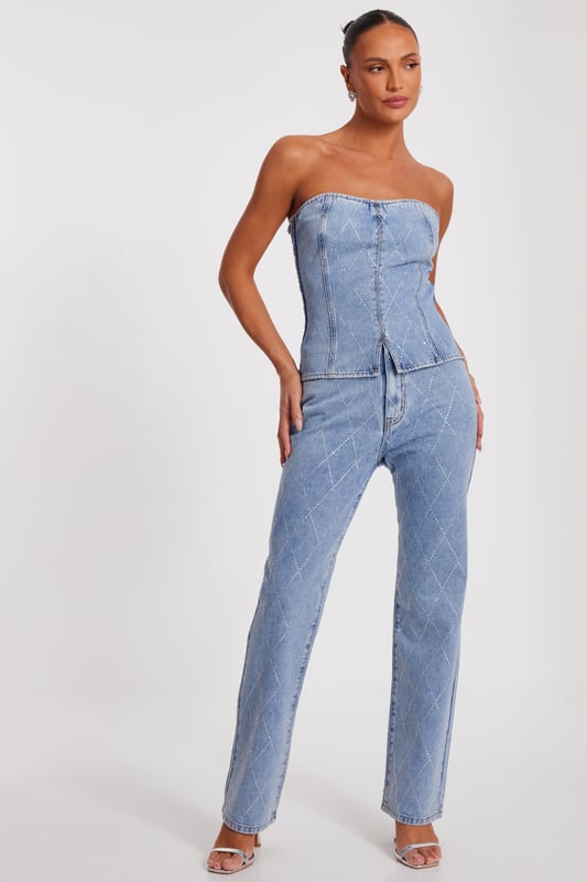 - Denim finish - Diamante detail - High waisted - Model height: 5'6" - Model wears uk 8 / us 4 / eur 36 - Always check the wash care label - Cool hand wash with mild detergent