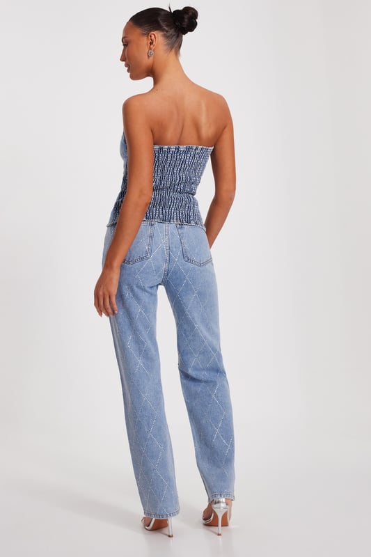 - Denim finish - Diamante detail - High waisted - Model height: 5'6" - Model wears uk 8 / us 4 / eur 36 - Always check the wash care label - Cool hand wash with mild detergent