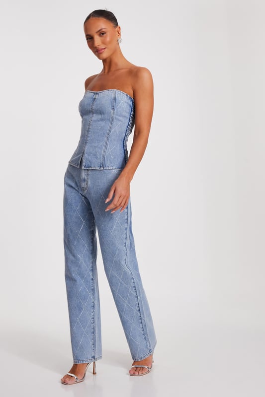 - Denim finish - Diamante detail - High waisted - Model height: 5'6" - Model wears uk 8 / us 4 / eur 36 - Always check the wash care label - Cool hand wash with mild detergent