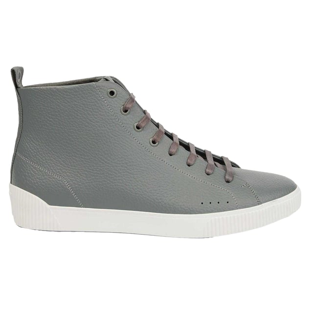 Hugo Mens Zero Leather High-top Trainers (Grey) Upper: Full Grain Leather. Outsole: Leather, Rubber. 8 Eyelets. Cement Construction, Pull Tab, Woven Label. Platform. Cut: High-top. Design: Plain. Toe Style: Round. Fastening: Lace Up.