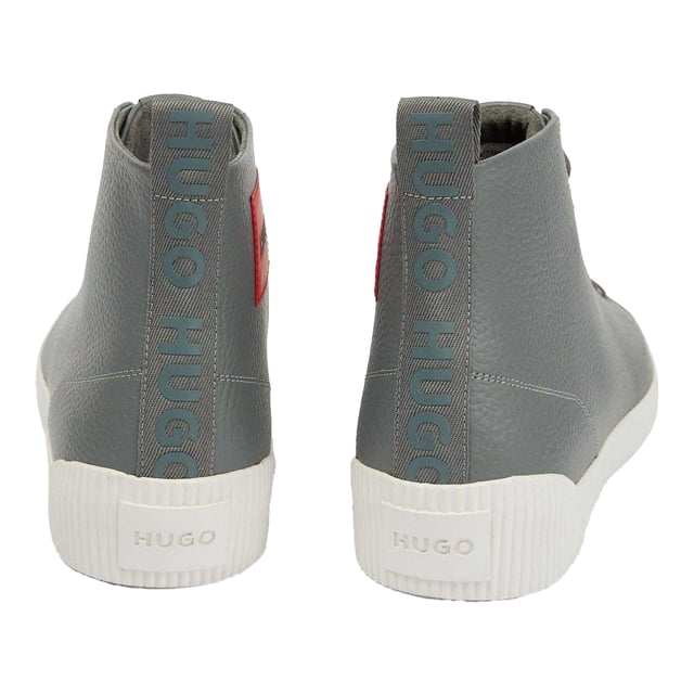 Hugo Mens Zero Leather High-top Trainers (Grey) Upper: Full Grain Leather. Outsole: Leather, Rubber. 8 Eyelets. Cement Construction, Pull Tab, Woven Label. Platform. Cut: High-top. Design: Plain. Toe Style: Round. Fastening: Lace Up.