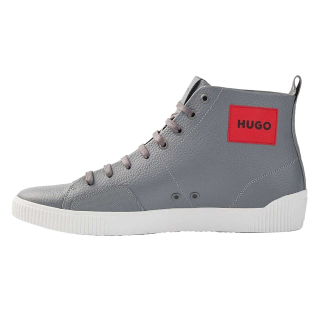 Hugo Mens Zero Leather High-top Trainers (Grey) Upper: Full Grain Leather. Outsole: Leather, Rubber. 8 Eyelets. Cement Construction, Pull Tab, Woven Label. Platform. Cut: High-top. Design: Plain. Toe Style: Round. Fastening: Lace Up.