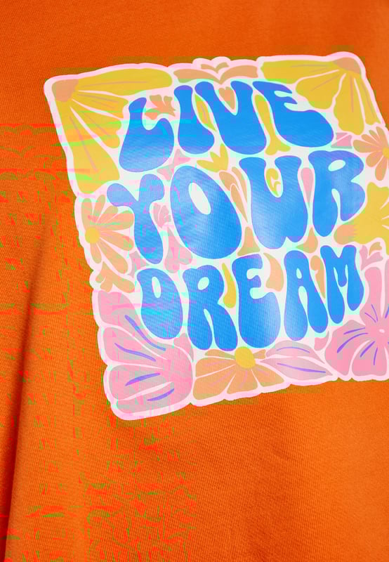 Wir stellen unsere neueste Ergänzung der Kollektion vor: ein langärmeliges Sweatshirt mit Rundhalsausschnitt. Dieses lässig geschnittene Sweatshirt verfügt über eine gerippte Struktur an Ausschnitt, Bündchen und Saum für zusätzlichen Komfort. Die Vorderseite ziert ein inspirierendes Zitat „LEBE DEINEN TRAUM“, umgeben von kunstvollen floralen Motiven in einer dekorativen Umrandung. Perfekt für den Alltag geeignet, ist dieses Sweatshirt entworfen, um Aufmerksamkeit zu erregen. Gegen einen schlichten Hintergrund bleibt der Fokus auf dem einzigartigen Grafikprint und den Design-Details. Veredeln Sie Ihre Garderobe mit diesem Must-Have-Stück.  Sweatshirt