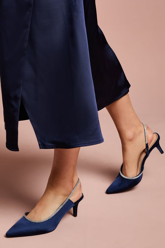 Wide Fit Sabrina Satin Diamante Trim Slingback High Stiletto Court Shoes