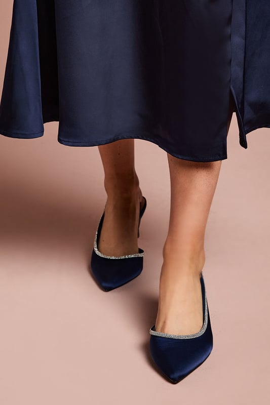 Wide Fit Sabrina Satin Diamante Trim Slingback High Stiletto Court Shoes